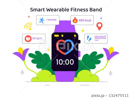 Smart Wearable Fitness Band Vector Illustration Featuring Smartwatch Tracker With Multimedia Apps For Lifestyle, Work, And Heart Rate Monitoring 132475511