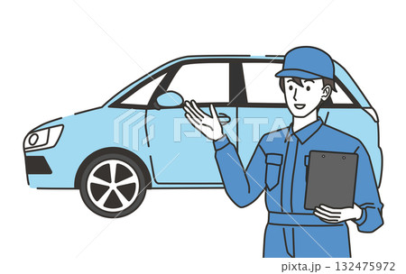 車の前で説明する整備士のイラスト 車の前で説明する整備士のイラスト 132475972
