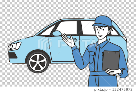 車の前で説明する整備士のイラスト 車の前で説明する整備士のイラスト 132475972