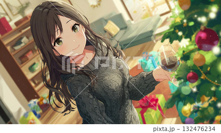 クリスマスツリーのあるリビングでワイングラスを持つ20代女性 クリスマスツリーのあるリビングでワイングラスを持つ20代女性 132476234