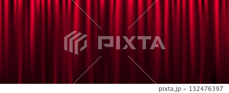 Red velvet curtain background. Closed curtains wallpaper for theater stage or cinema, circus. Ruby fabric drapery backdrop for award, show, performance. Vector velvet textile room scene banner concept 132476397