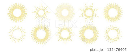 Golden sunburst frame collection. Retro gold radial sun light border set. Vintage sun beams or rays circle element pack for cadre, decor, label, badge, emblem. Vector yellow round boarder bundle 132476405
