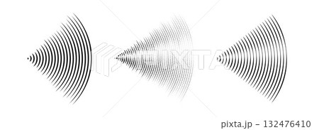 Dotted and linear sound wave signal set. Radial radio and music audio icon collection. Rippled radar vibration element sign bundle. Black curved impulse lines pack. Echo soundwave symbols. Vector 132476410