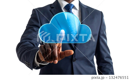 ビジネスマンが触れる浮遊する3Dクラウドアップロードアイコン｜背景なし・透過PNG・コピースペース 132476551