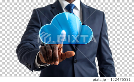 ビジネスマンが触れる浮遊する3Dクラウドアップロードアイコン｜背景なし・透過PNG・コピースペース 132476551