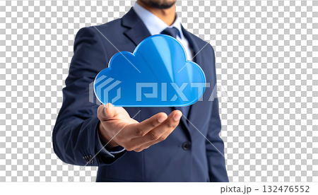 Floating 3D cloud upload icon touched by a businessman | No background, transparent PNG, copy space Floating 3D cloud upload icon touched by a businessman | No background, transparent PNG, copy space 132476552