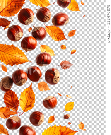 宙に舞う栗と紅葉が描く秋｜背景なし・透過PNG・コピースペース 132476879