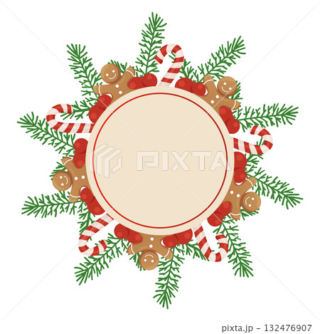 Christmas candy wreath with gingerbread cookies and pine branches 132476907