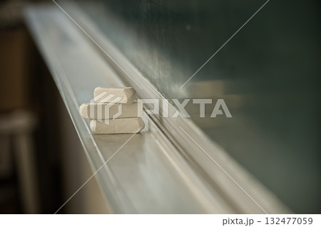 Close-up of chalk erasers stacked on a chalkboard's ledge, clean and simple. 132477059