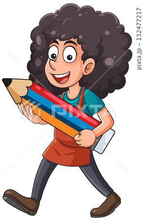 Cartoon Artist Carrying Large Colorful Pencil Illustration 132477217