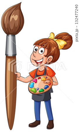 Cartoon Female Artist Holding Palette and Giant Paintbrush 132477240
