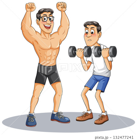 Strong Athlete Cheering While Friend Lifts Dumbbells 132477241