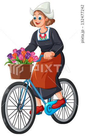 Dutch Woman in Traditional Dress Riding Bicycle with Tulips Dutch Woman in Traditional Dress Riding Bicycle with Tulips 132477242