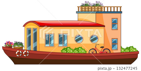Modern Houseboat with Bicycle and Rooftop Garden Illustration Modern Houseboat with Bicycle and Rooftop Garden Illustration 132477245