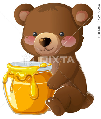 Cute Brown Bear Sitting with Honey Jar Illustration 132477250