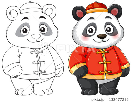 Cartoon Panda in Traditional Chinese Outfit, Color and Outline 132477253
