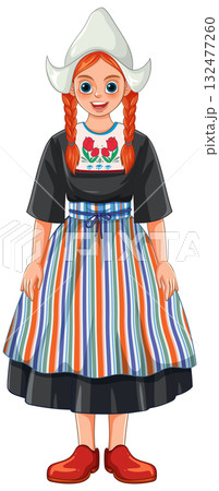 Smiling Girl in Traditional Dutch Costume with Braids 132477260