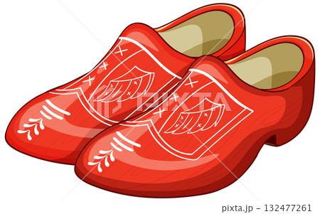 Red Dutch Wooden Clogs with Traditional White Patterns Red Dutch Wooden Clogs with Traditional White Patterns 132477261