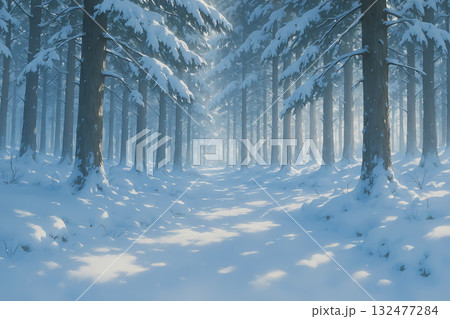 雪に包まれた静かな森の小道（アニメ風背景） 132477284