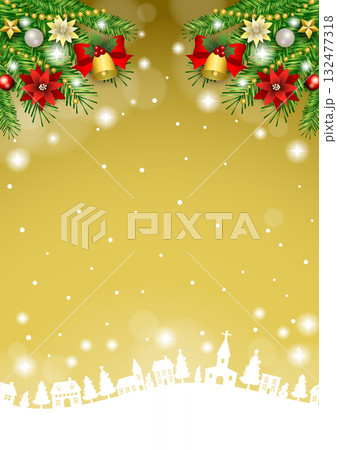 クリスマス背景、町並みシルエット、金、かわいい、イラスト、縦 132477318