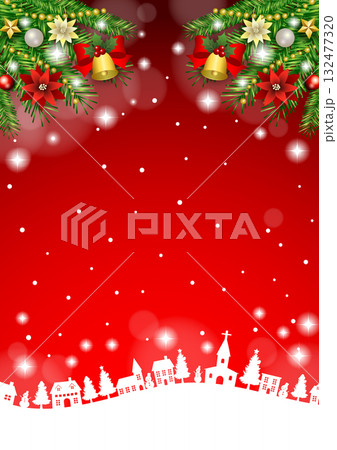 クリスマス背景、町並みシルエット、赤、かわいい、イラスト、縦 132477320