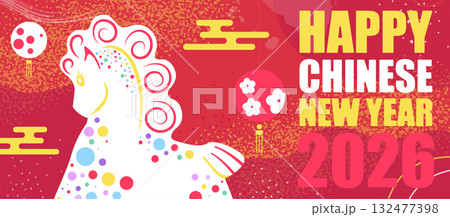 2026 Year of the Horse Illustration. Chinese New Year Poster with White Horse and Red Gold Background. Traditional Lanterns and Oriental Confetti Design. 132477398