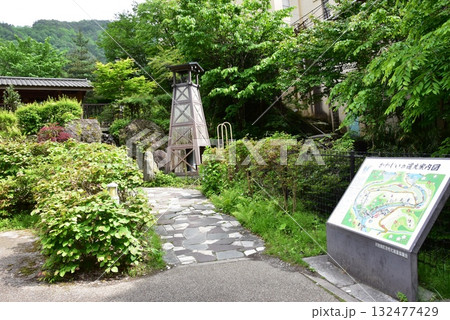 日光市川治温泉　川治ふれあい公園の男鹿川沿い散策路と新緑 132477429