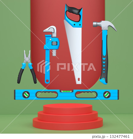 Construction tools and safety equipment floating over podium on abstract background, industrial work and protection concept 132477461