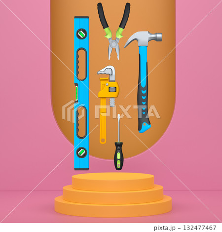 Construction tools and safety equipment floating over podium on abstract background, industrial work and protection concept Construction tools and safety equipment floating over podium on abstract background, industrial work and protection concept 132477467