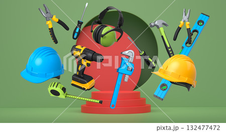 Construction tools and safety equipment floating over podium on abstract background, industrial work and protection concept Construction tools and safety equipment floating over podium on abstract background, industrial work and protection concept 132477472