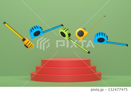 Multiple tape measures levitating in mid-air above podium, minimal style, abstract background. Concept of measurement tools Multiple tape measures levitating in mid-air above podium, minimal style, abstract background. Concept of measurement tools 132477475