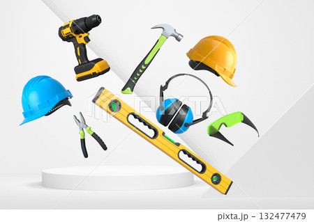 Construction tools and safety equipment floating over podium on abstract background, industrial work and protection concept Construction tools and safety equipment floating over podium on abstract background, industrial work and protection concept 132477479