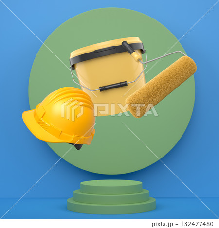 Hard hat, paint bucket and roller brush floating in air over podium on abstract background, renovation and construction tools 132477480