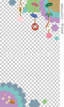 縦型お正月飾りと縁起物の和風フレームイラスト 縦型お正月飾りと縁起物の和風フレームイラスト 132477489