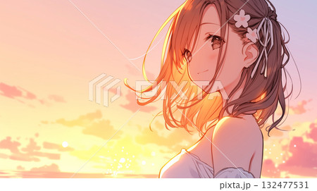 夕焼けの海辺で微笑む女性 桜の髪飾りのアニメイラスト 132477531