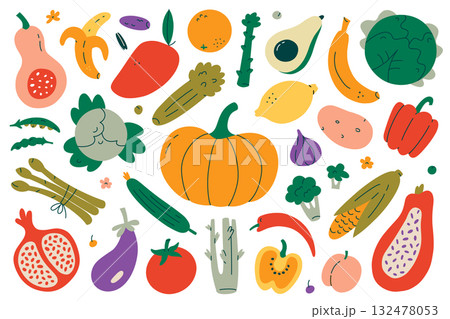 Collection of doodle fruits and vegetables, flat cartoon vector illustration for healthy food, nutrition and organic market design, colorful hand drawn set for culinary and farming themes 132478053