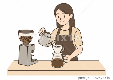 就労支援　カフェでコーヒーを淹れたり販売訓練をしているイラスト 132478310
