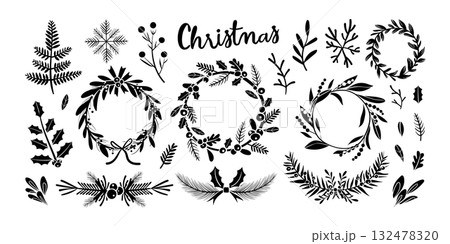 Set of isolated Christmas wreath and decoration elements in black silhouette for holiday seasonal on transparent background. 132478320