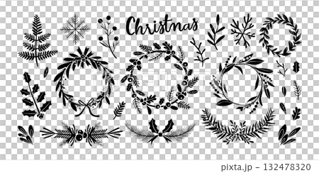 Set of isolated Christmas wreath and decoration elements in black silhouette for holiday seasonal on transparent background. 132478320