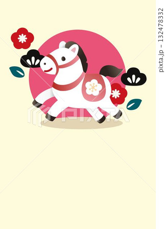 年賀2026　午年　馬　年賀状　可愛い馬と松竹梅　和風モダン　フレーム　テンプレート　イラスト素材 132478332