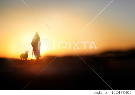 Jesus Christ, a shepherd walking with sheep on a meadow, Christian Jesus background Jesus Christ, a shepherd walking with sheep on a meadow, Christian Jesus background 132478403