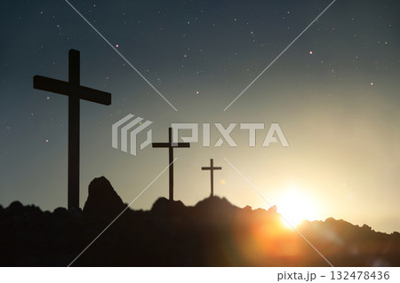 Calvary Hill, Golgotha, with the cross symbolizing the death and resurrection of Jesus Christ during Holy Week 132478436