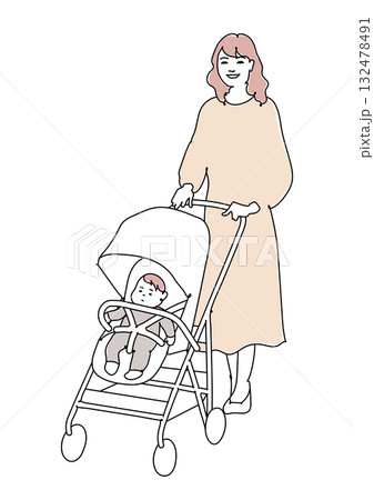 ベビーカーを押す若い女性　線画 132478491
