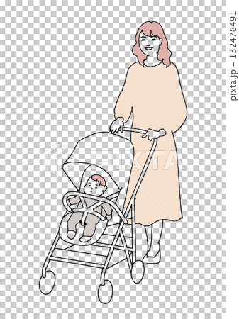 A young woman pushing a stroller Line drawing 132478491