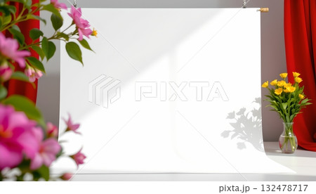 An easel with an empty white board on it, positioned in front of a window that lets in natural light 132478717