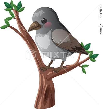 Cartoon Gray Bird Perched on Tree Branch 132478966