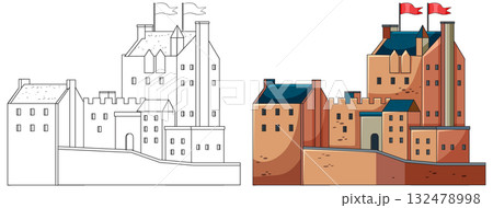 Historic Scottish Castle Vector Illustration with Flags 132478998