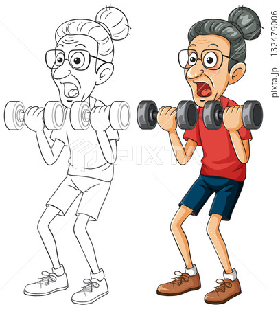 Elderly Woman Lifting Dumbbells in Cartoon Vector Style Elderly Woman Lifting Dumbbells in Cartoon Vector Style 132479006