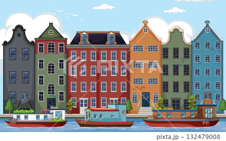Colorful Dutch Canal Houses and Houseboats in Amsterdam 132479008