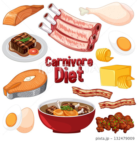 Carnivore Diet Food Illustration with Meat and Eggs 132479009